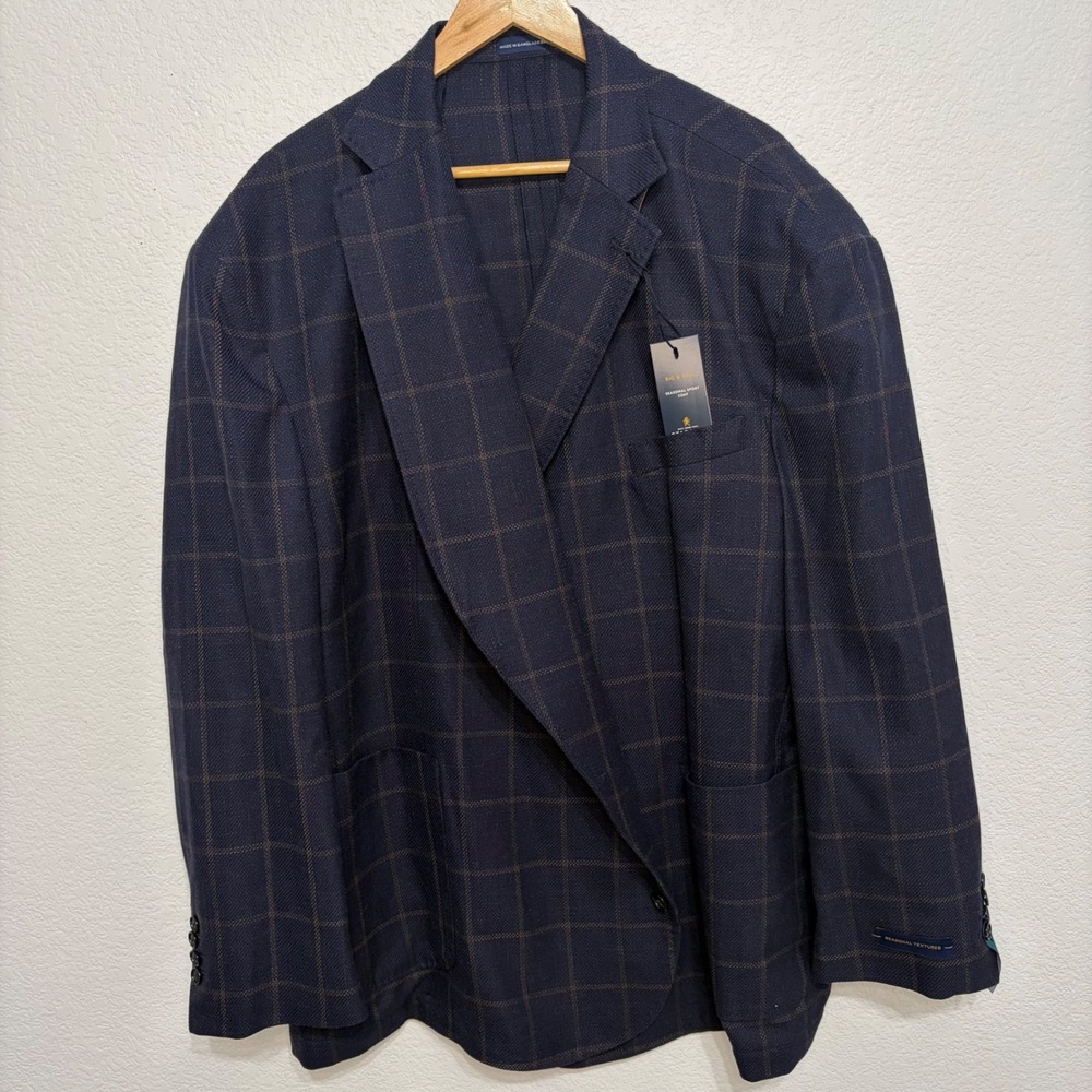 Stafford Big & Tall Mens 58R Sport Coat Navy Windowpane Wool Blend Blazer NEW